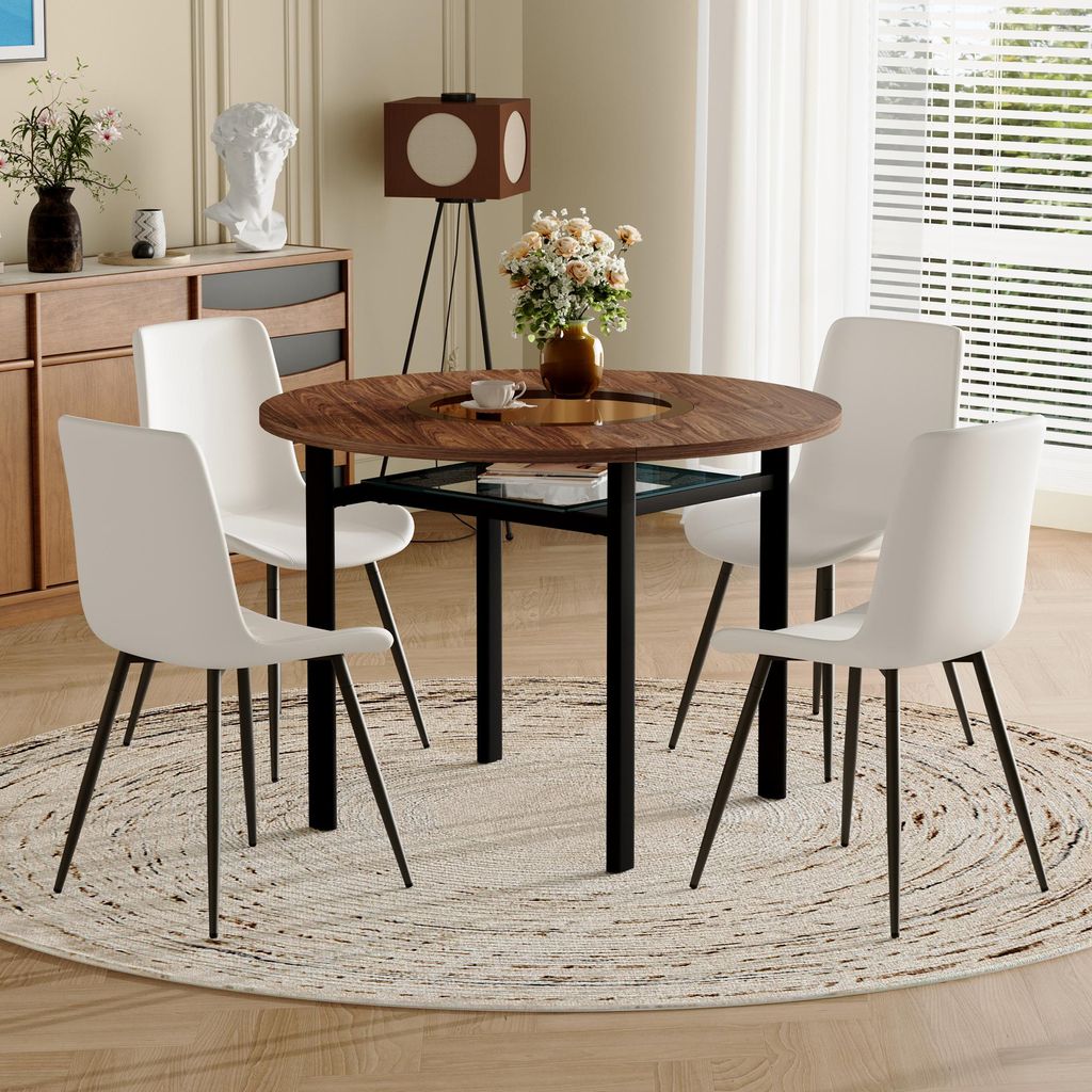 Dieses moderne, minimalistische runde Esszimmer-Set (mit integrierten Staufächern und 4 weißen PolyurethanSesseln) verfügt über einen runden Tisch