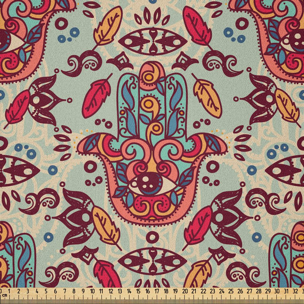 ABAKUHAUS Hamsa Microfaser Stoff als Meterware , Stammes- fantastisches dekoratives Muster Bunte geistige Skizze Ureinwohner-Design, 5 M (230 x 500...