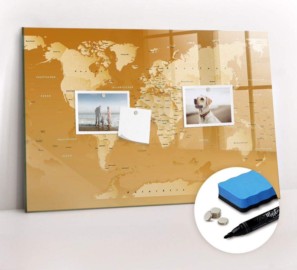 Magnetpinnwand Memoboard - Zubehörsatz - Schwarzer Marker + Schwamm + Magnete - 60 x 40 cm - Weltkarte