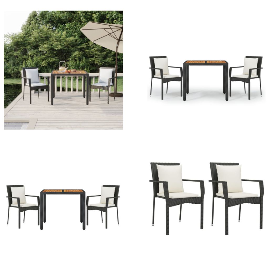 vidaXL 3 tlg. Garten Essgruppe mit Kissen Schwarz Poly Rattan - Garten Essgruppe - Garten Essgruppen - Essgruppe - Essgruppe Terrasse