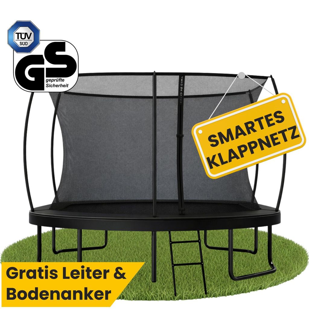 Zero Gravity Trampolin 366x244 cm inkl. Leiter & 4 Bodenanker / Schneller Auf- und Abbau dank smartem Klappnetz / Max. 130 kg / Ultima 5 Black-Edition