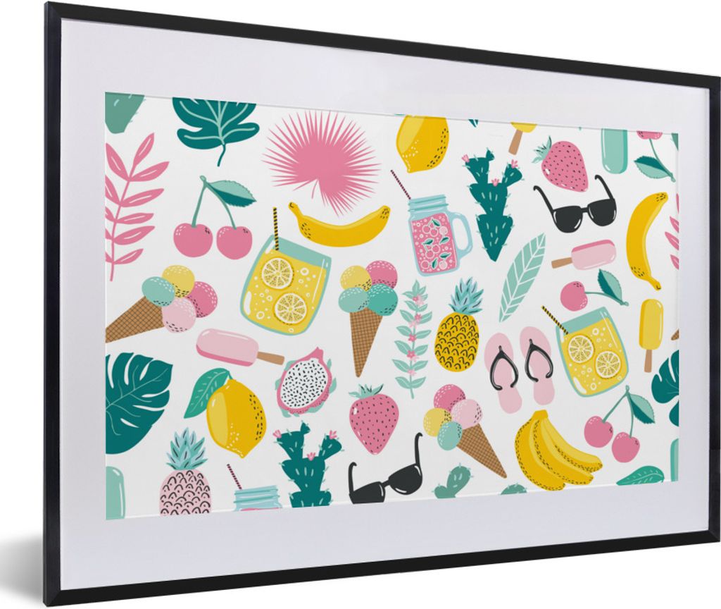 MuchoWow Gerahmtes Poster Sommer - Symbole - Muster 60x40 cm - Poster mit Schwarzem Bilderrahmen Wandposter Rahmen Foto Bilder - Schlafzimmer - P...