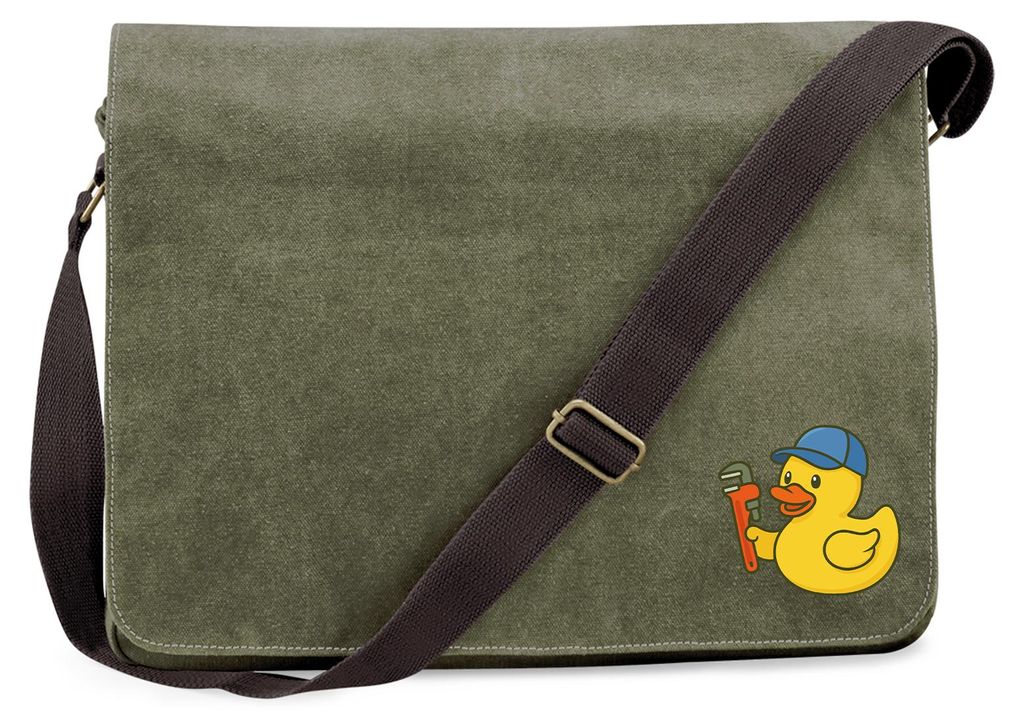 Huuraa Umhängetasche Quietscheente Installation Comic Gummiente 14 Liter Military Green Canvas Laptoptasche Geschenkidee