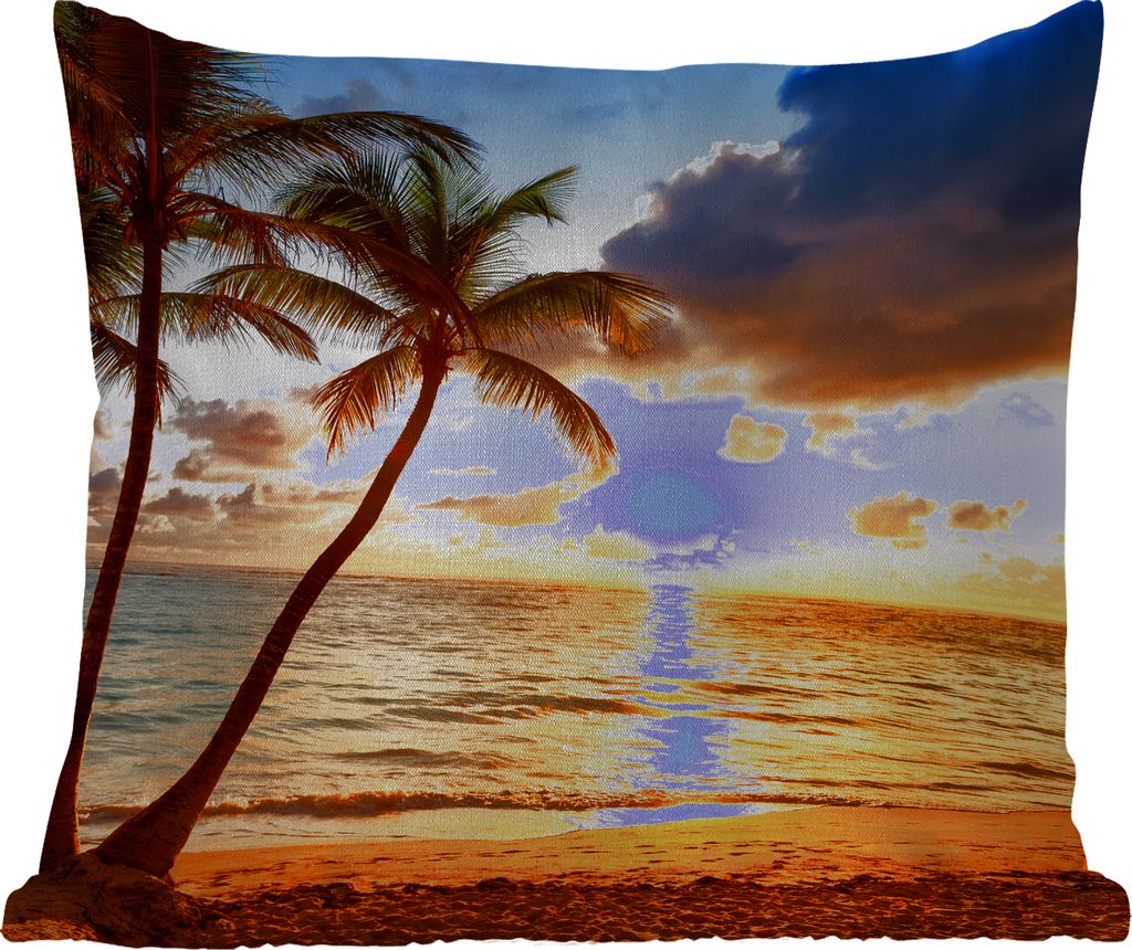 MuchoWow Outdoor Kissen - Strand - Horizont - Sonnenuntergang - Palme - Meer - 50x50 cm - Wetterfest - Lounge Kissen - Komfortabel - Kissen mit Bild