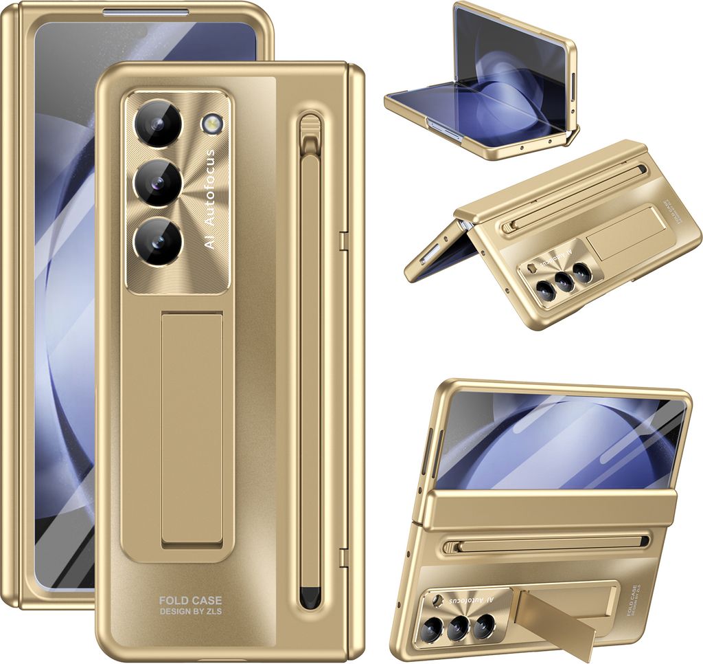 Handyhülle für Samsung Galaxy Z Fold 5 mit S Pen und Stiftablage, Displayschutzfolie, Scharnierschutz, Stoßfest Ständer Schutzhülle Gold