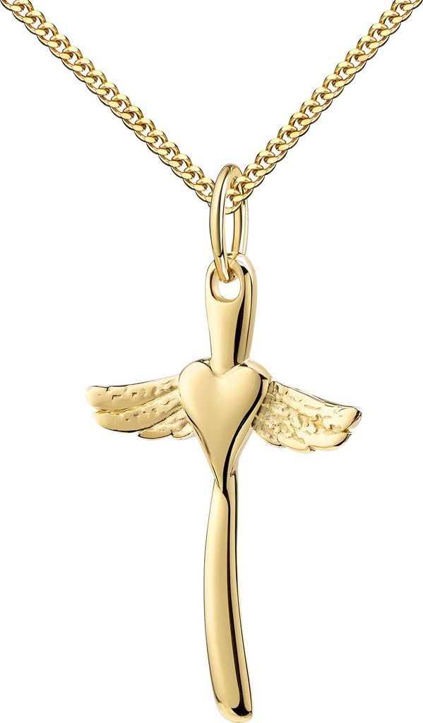 Kreuz Anhänger Gold 585 mit Herz und Engelsflügel . Mit Kette 70 cm