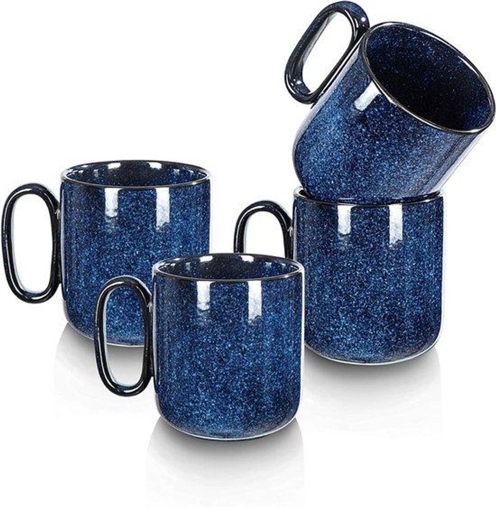 Set aus 4 keramischen Kaffeebechern mit Griff für Kaffee, Latte, Tee, Milch, Schokolade - Blau - Stilvolles Geschirr für Männer und Frauen