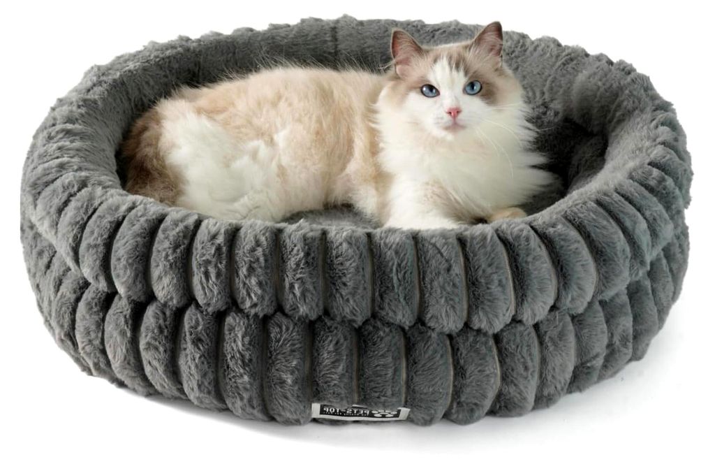 Flauschiges Katzenbett – Rundes Katzenkissen – Waschbares Schlafplatz für Katzen und kleine Hunde – Rutschfest (Grau, 60cm)
