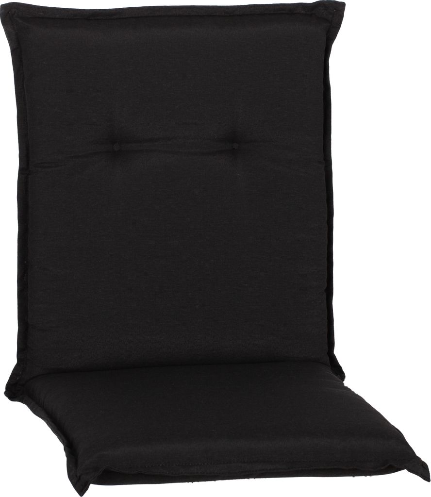 A black chair cushion is shown against a white background.
