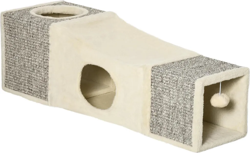 Tunnel de jeu pour chat crème design scandinave en flanelle et bois 98cm