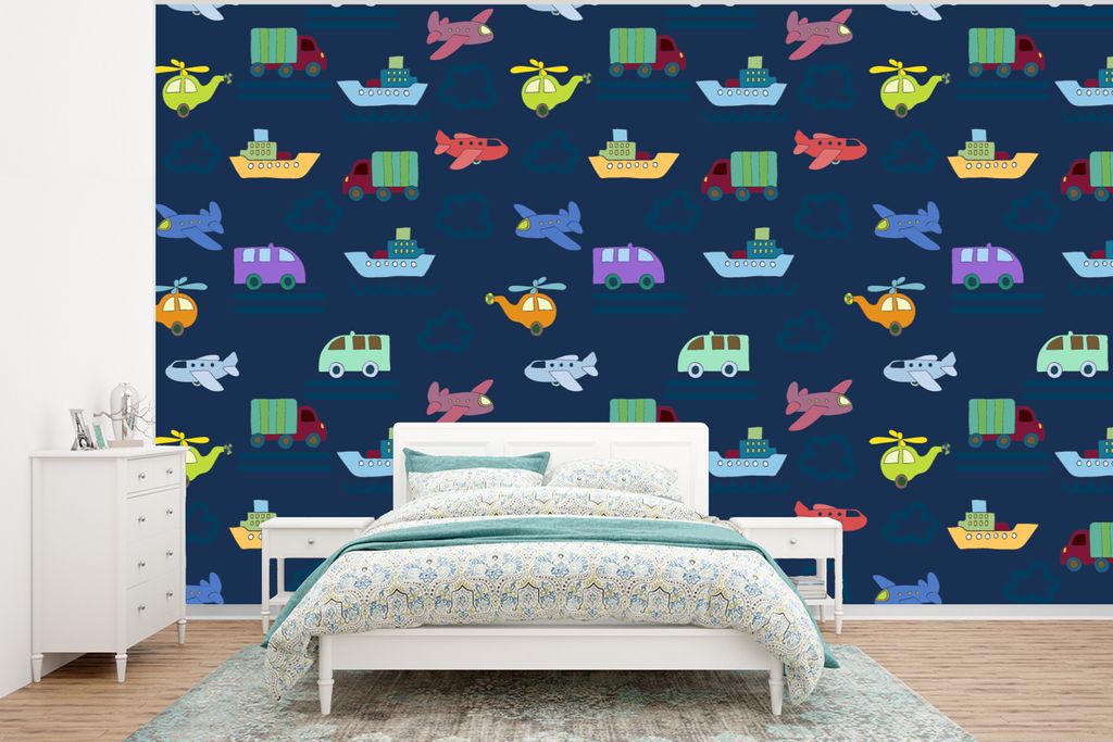 MuchoWow Fototapete für Wohnzimmer oder Schlafzimmer Wandtapete Vinyl Motivtapete Muster - Flugzeug - Boot - Lastwagen - Junge - Kinder - Kinder...