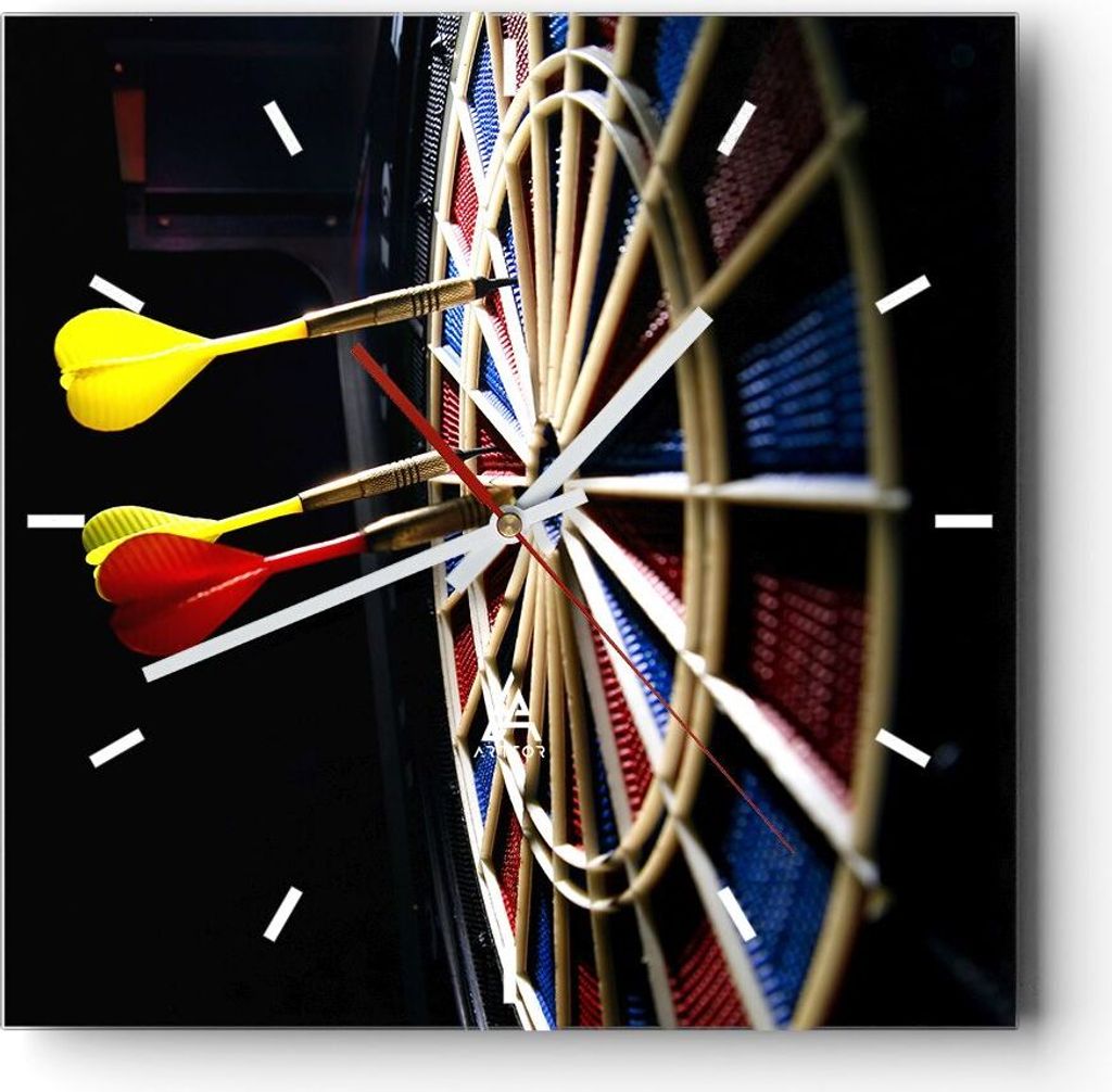 Wanduhr - Quadrat - Glasuhr - Pfeil Darts Spaß Schild - 40x40cm - Schleichendes Uhrwerk - Lautlos - zum Aufhängen bereit - Dekoration Modern - Wa...