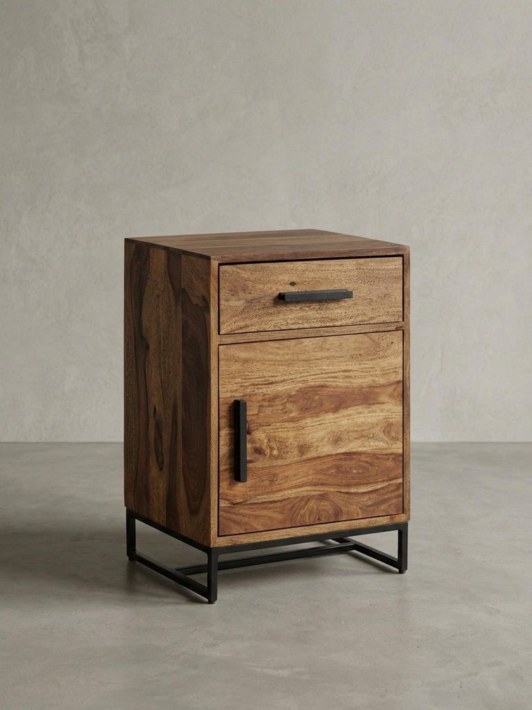 Nachtkonsole aus Massivholz, pulverbeschichtetes Eisen, Industrial-Style, Schublade und Türfach. 45x35x65 cm | Kadima Design