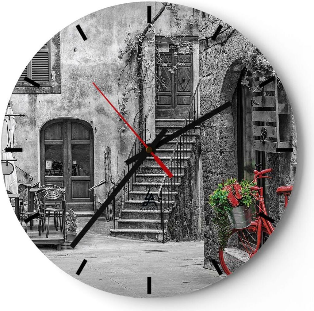 Wanduhr - Rund - Glasuhr - Rot Fahrrad Allee - 30x30cm - Schleichendes Uhrwerk - Lautlos - zum Aufhängen bereit - Dekoration Modern - Wanddekorati...
