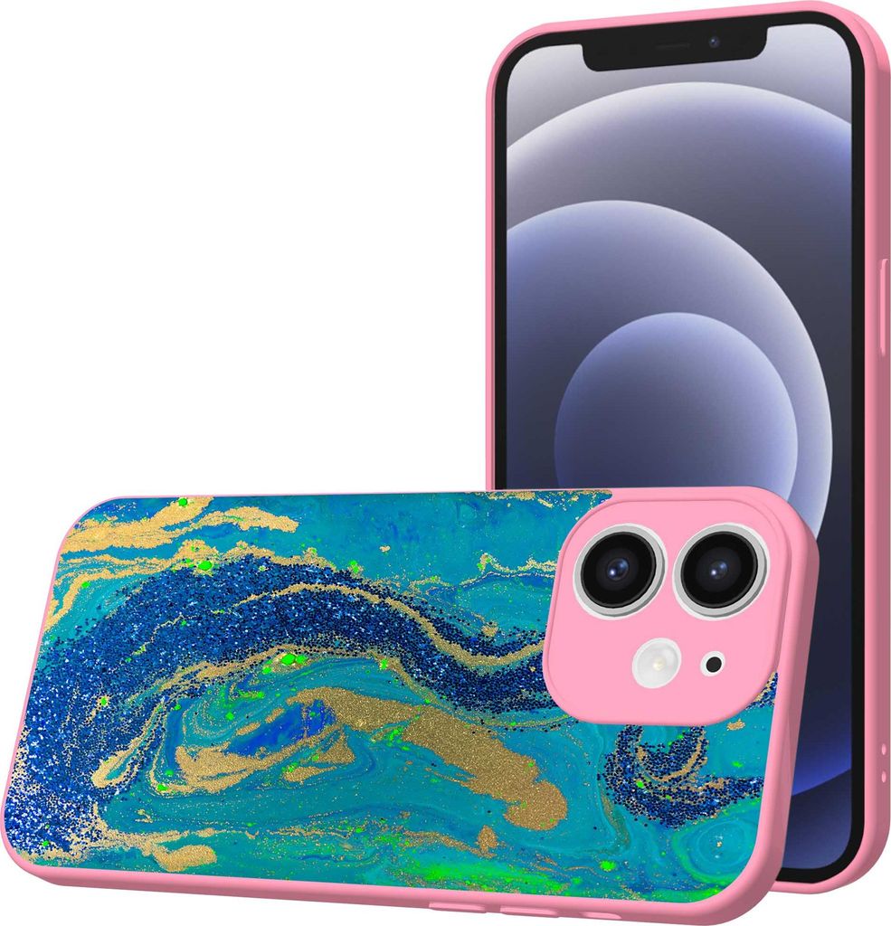 Smartphonica Handytasche passend für iPhone 12 mit blau-goldenem Marmordruck - TPU Back Cover Case Blau-Gold-Marmor Entwurf - Rosa