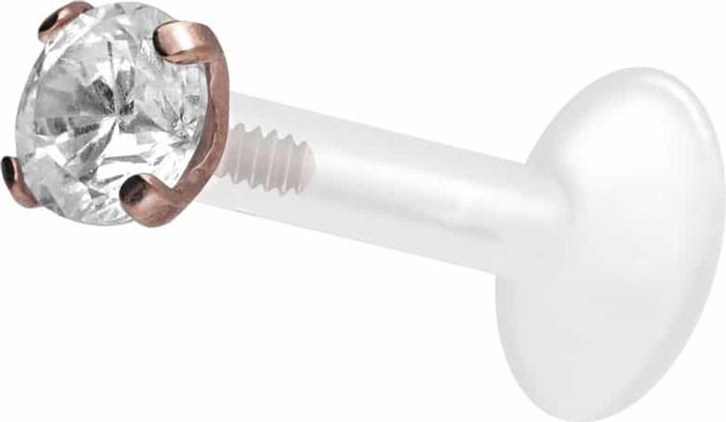 Ohrpiercing, Nasenpiercing PTFE Labret mit Innengewinde + Titan-Aufsatz EINGEFASSTER KRISTALL RoséGold Stablänge: 10mm | Stabstärke: 1,6mm | Kri...