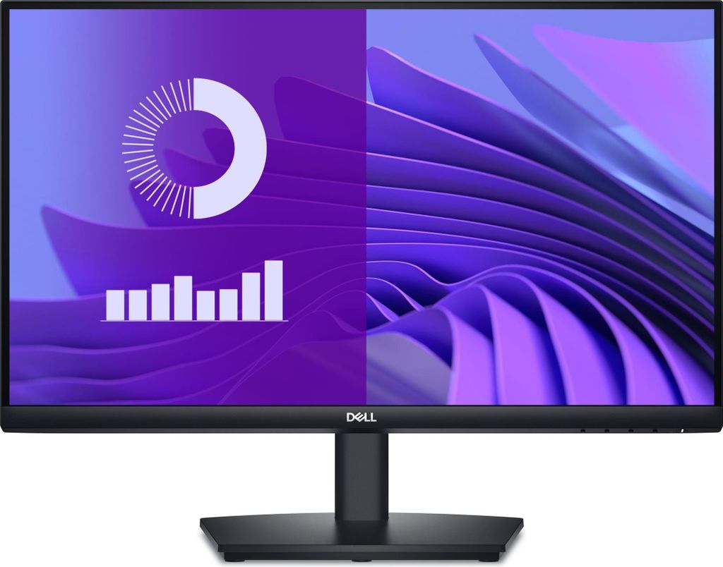 A computer monitor displaying a split screen with a graphic on the left and an abstract design on the right.