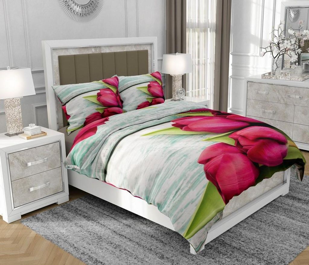 Bettwäsche 160x200 cm + 2x70x80 cm, 3-teilig, 100% Baumwolle, Satin, Reißverschluss, Tulpen, Bunt - SOVIO | So.0045