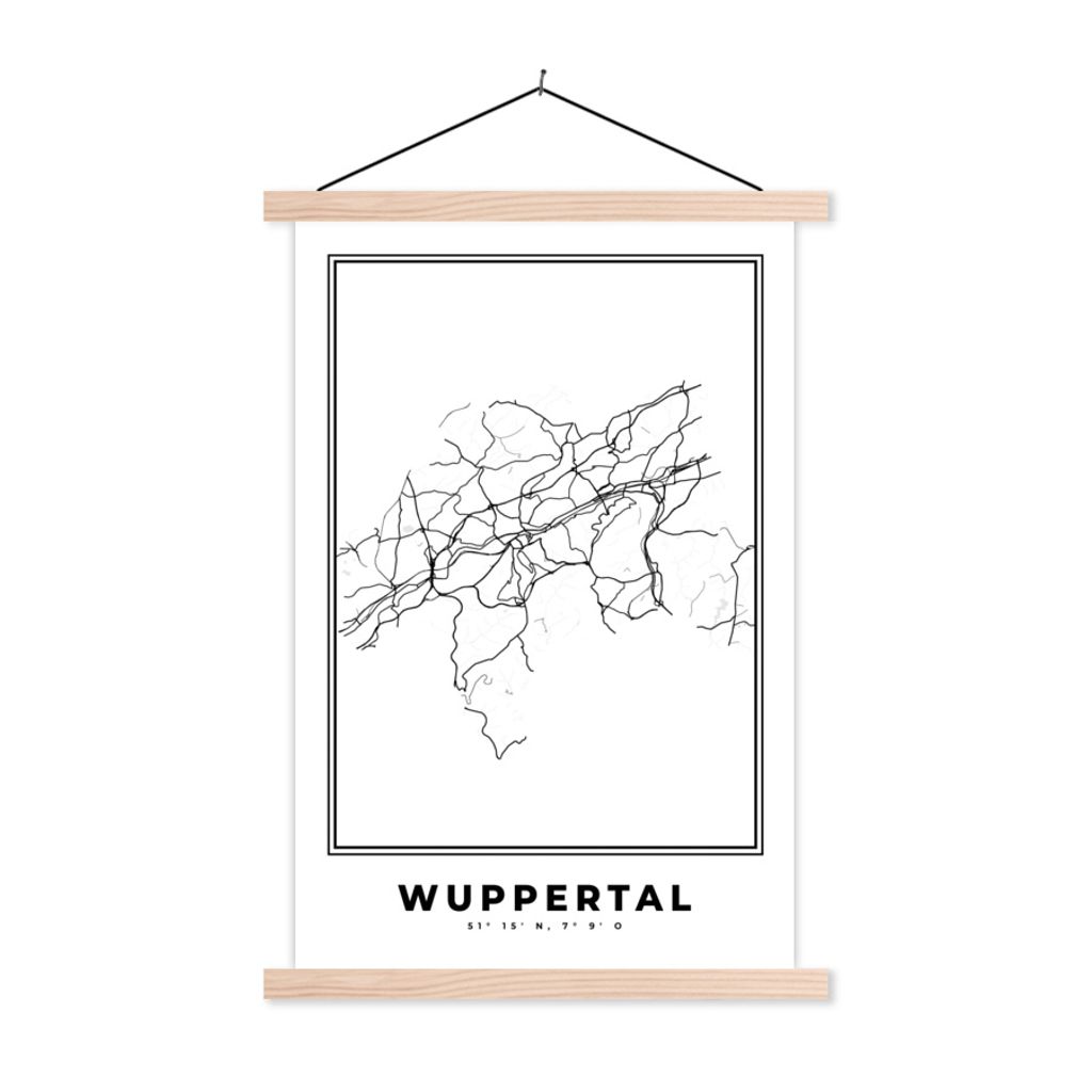MuchoWow Textilposter Schwarz und weiß - Deutschland - Karte - Stadtplan - Wuppertal 40x60 cm mit holzfarbenen Rahmen - Poster