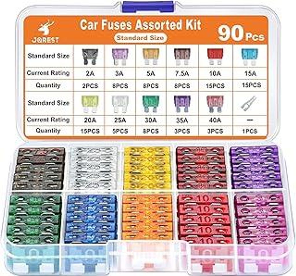 JOREST 90Pcs Kfz Sicherung Set - Standard Flachsicherungen Auto+ 1 Sicherungszieher - Automotive Sicherungen für PKW/Wohnmobil/LKW/Motorrad (2 Amp...
