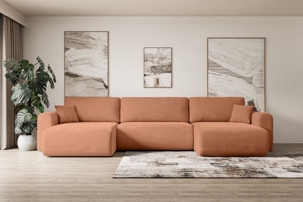 ALTDECOR Wohnlandschaft mit Schlaffunktion und Bettkasten ORRO-U 362x145x83cm Apricot - universal, links/rechts angeordnet Ecksofa U-Form Schlafsofa