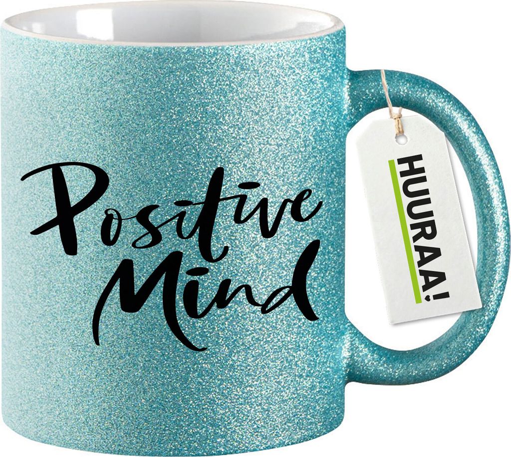 Huuraa Glitzertasse Positiv Mind Schriftzug 330ml Blau Keramik Kaffeebecher Geschenkidee