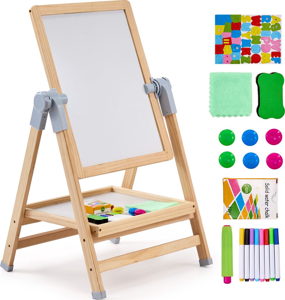 A wooden easel with a whiteboard and various art supplies.