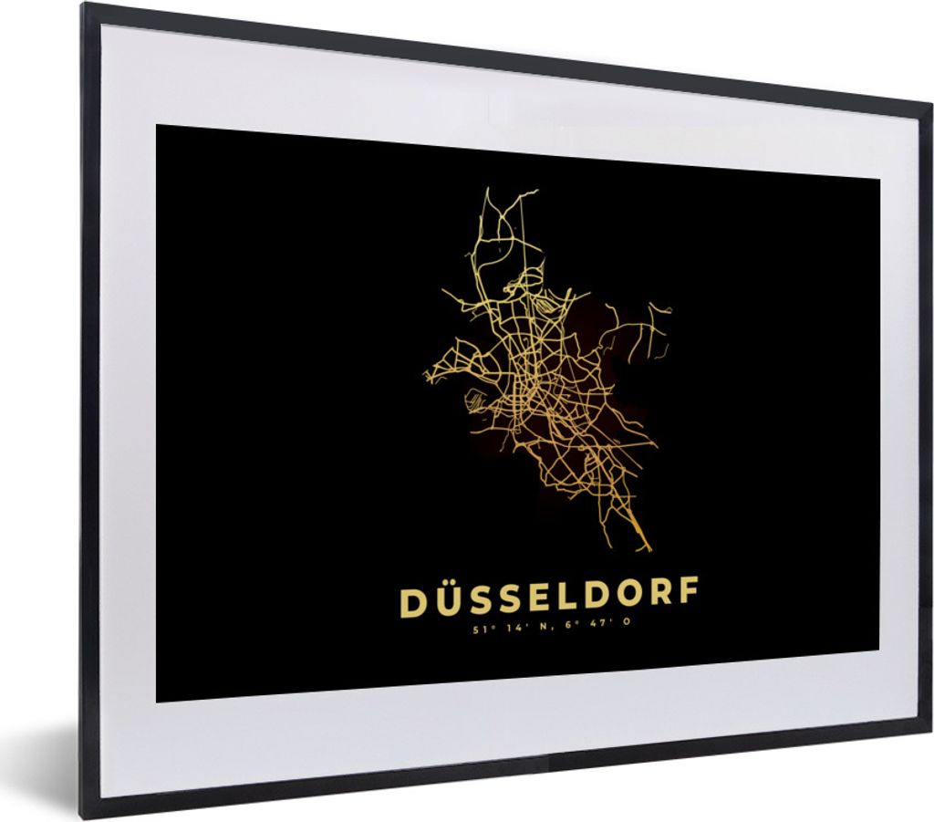 MuchoWow Gerahmtes Poster Gold - Düsseldorf - Karte - Stadtplan - Wegbeschreibung 40x30 cm - Poster mit Schwarzem Bilderrahmen Wandposter Rahmen...