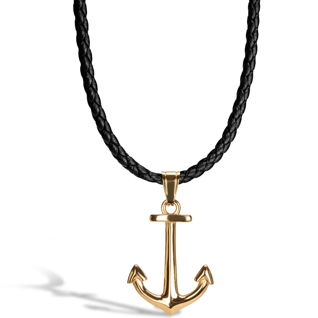 Collana Pelle Nera e Ancora Oro SERASAR 60cm | Stile Maschile