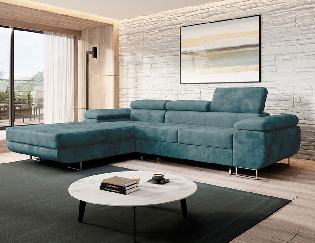 MODERNO Ecksofa mit Schlaffunktion Monolith Velours 72x279x205cm "Norberg" , Links, Türkis