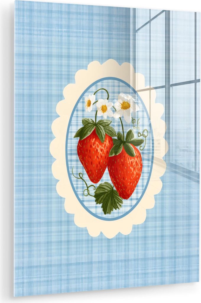 MuchoWow Glasbilder - Bilder auf Wandbild - Foto auf Glas Erdbeeren - Rahmen - Rot - Kariert 60x80 cm Wanddekoration aus Glas - Acrylglasbild - Acr...