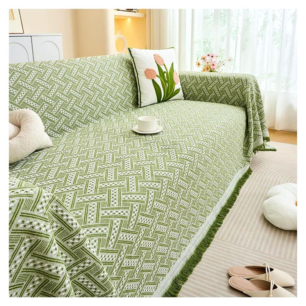 Chenille-Sofabezüge für 3 Sitzkissen, Gewebemuster L-förmiges Ecksofa für Haustiere, große Sofadecken mit Quaste, ganzjährig waschbar, Grün ...