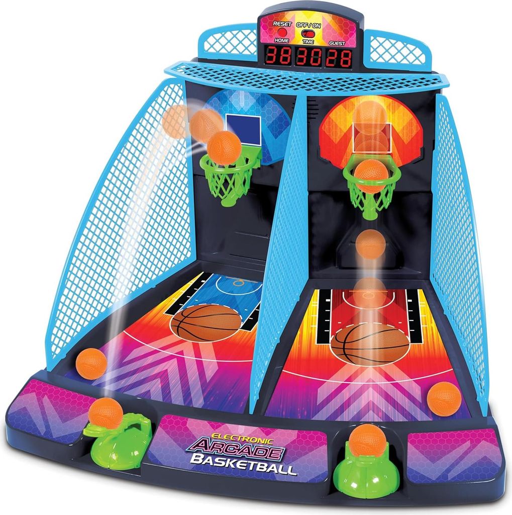 A tabletop electronic arcade basketball game with two hoops and a digital scoreboard.
