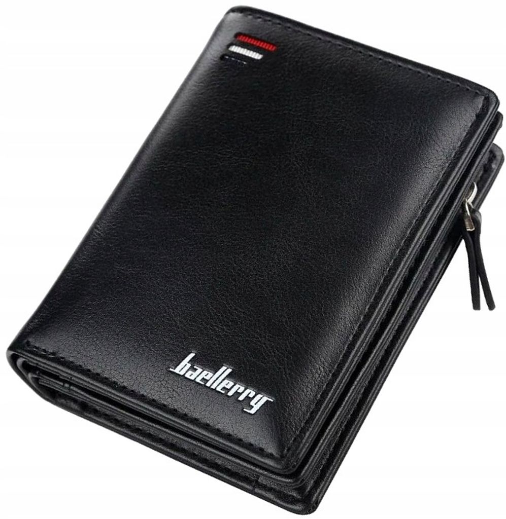 A black leather wallet is shown against a white background.