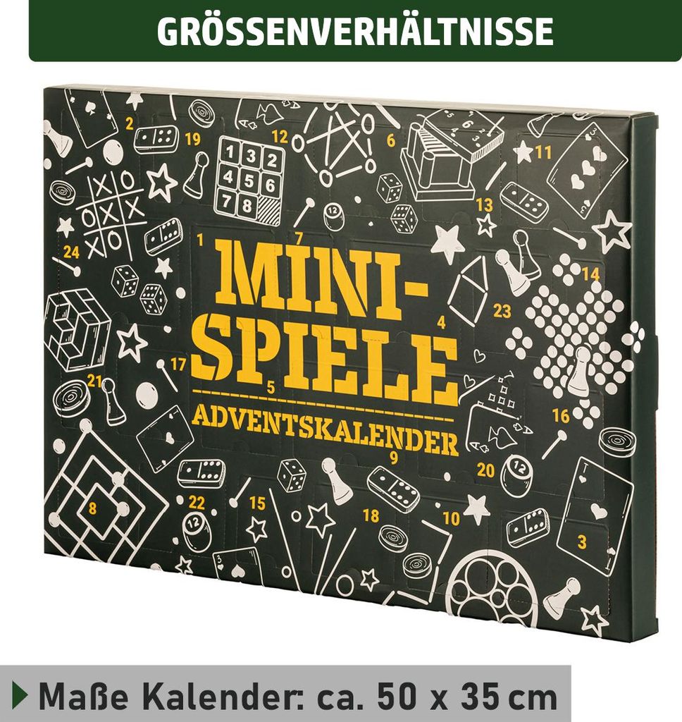 A close-up view of a black advent calendar box with various game illustrations and numbers printed on it in yellow and white.