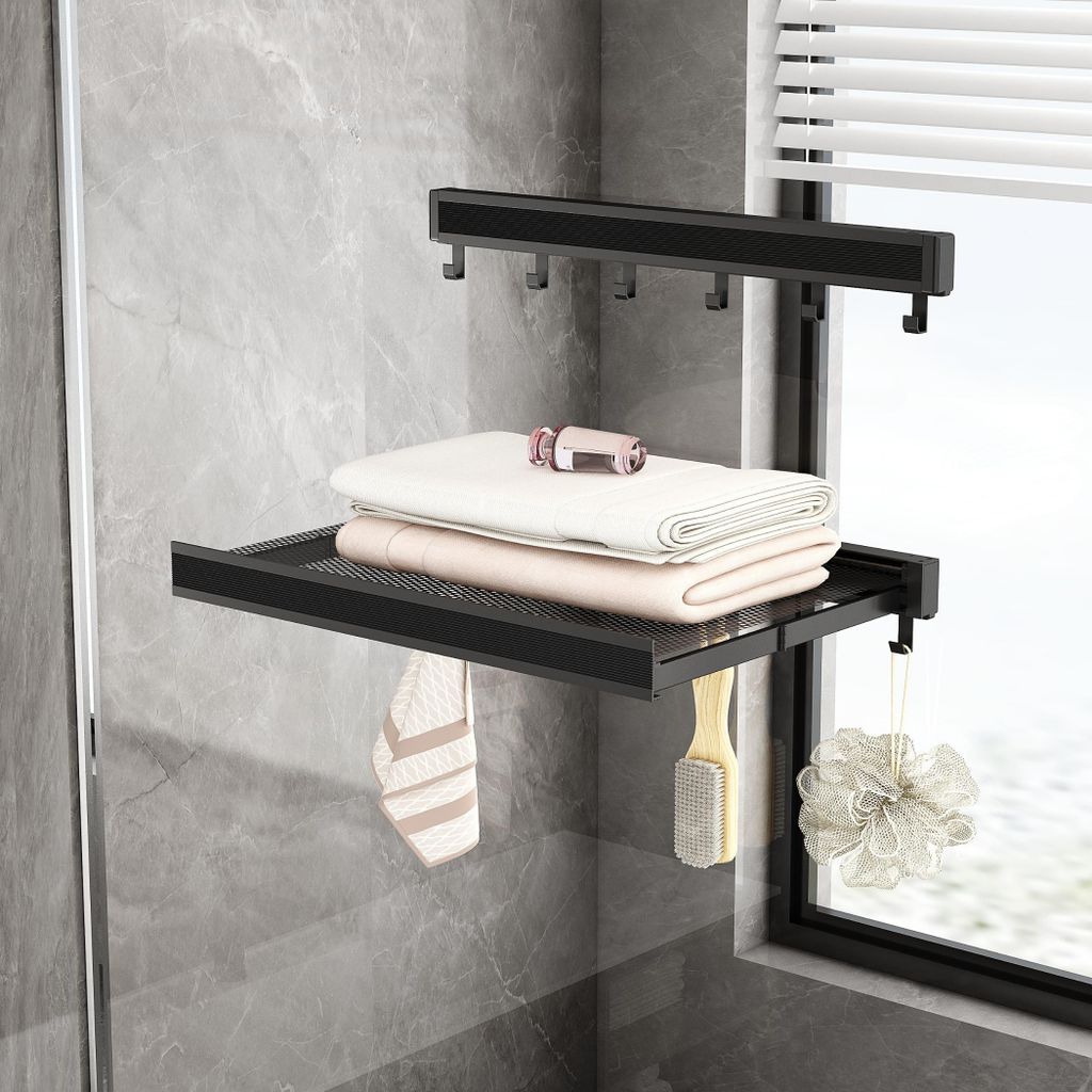 Wand Wäscheständer Ausziehbar, Wäscheständer aus Raumfahrt-Aluminium mit Trocknungsnetz (Schwarz, 44 cm)