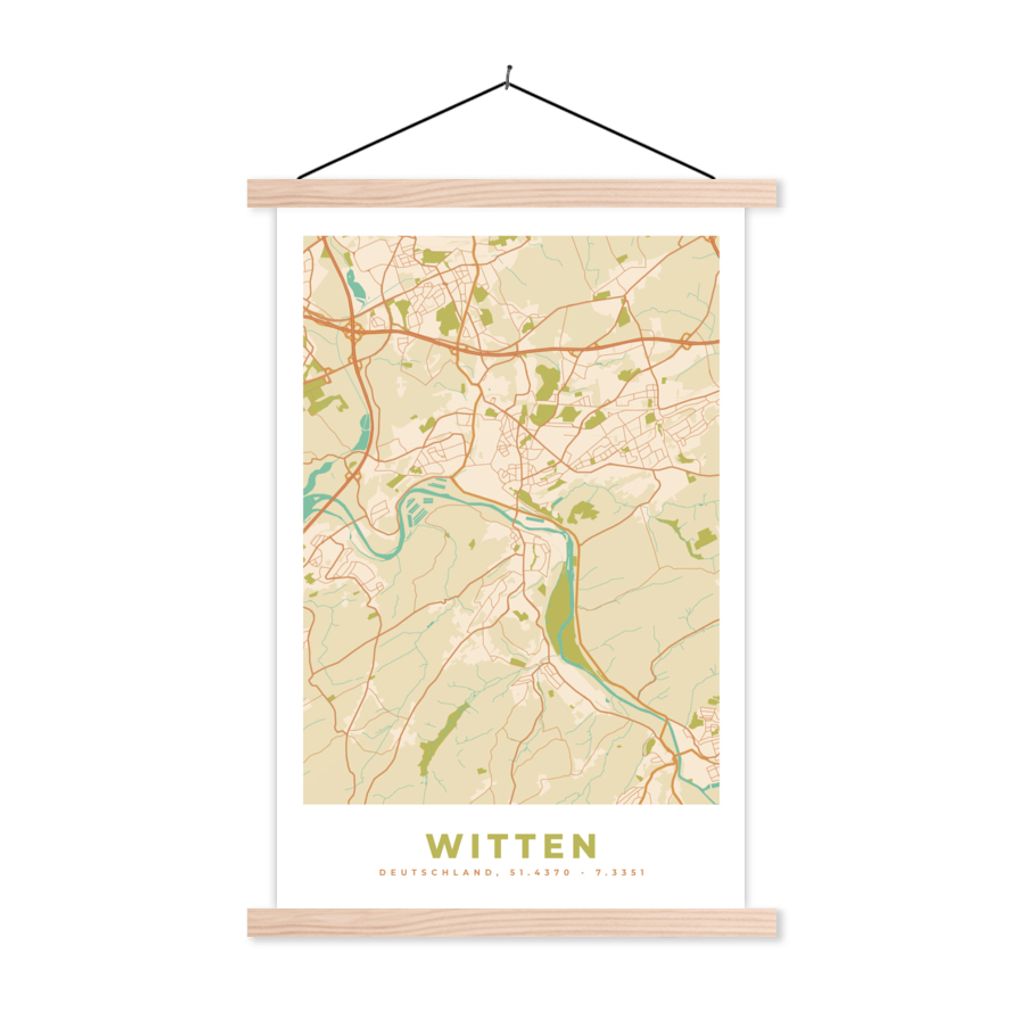 MuchoWow Textilposter Witten - Karte - Vintage - Stadtplan 120x180 cm mit holzfarbenen Rahmen - Textil-Plakat