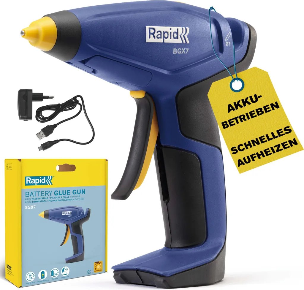Pistolet à colle Rapid BGX7 sans fil 10W ergonomique bleu jaune