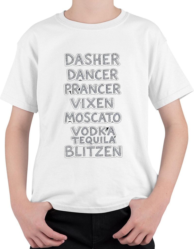 Dasher Dancer Prancer Vixen Moscato Vodka Geschenk Lustig Party Uni Kinder T-Shirt, Weiß, 140