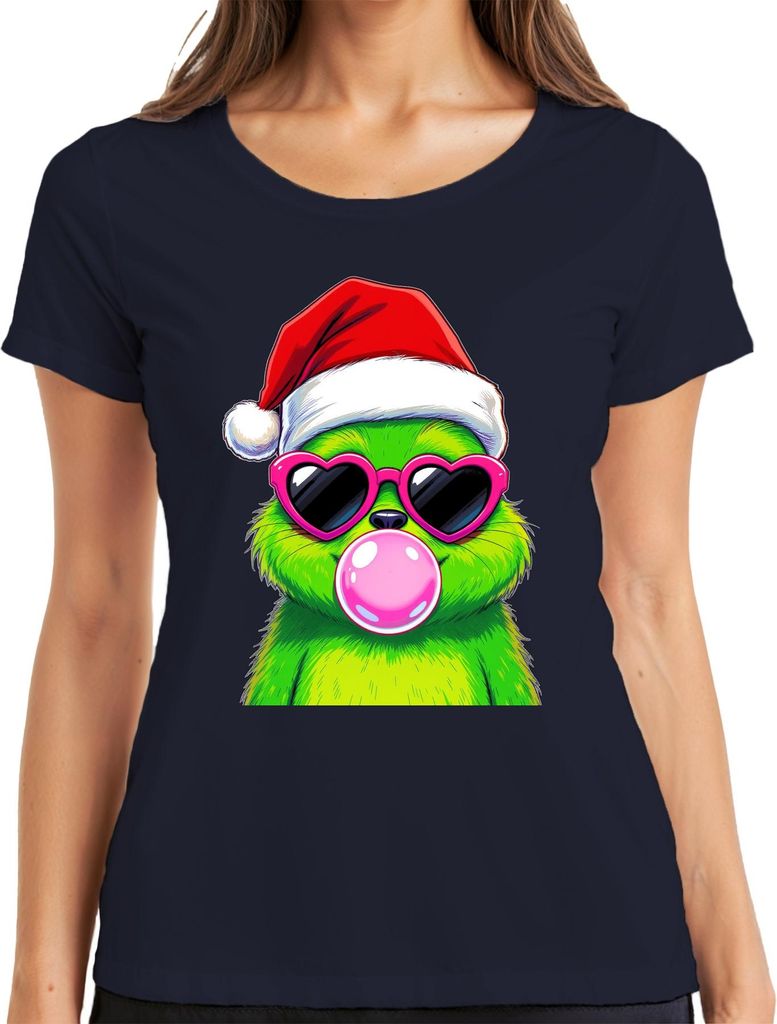 Weihnachtsmonster Grün Bubblegum Kaugummi Herzbrille Santa Cool Damen T-Shirt, Navy, M
