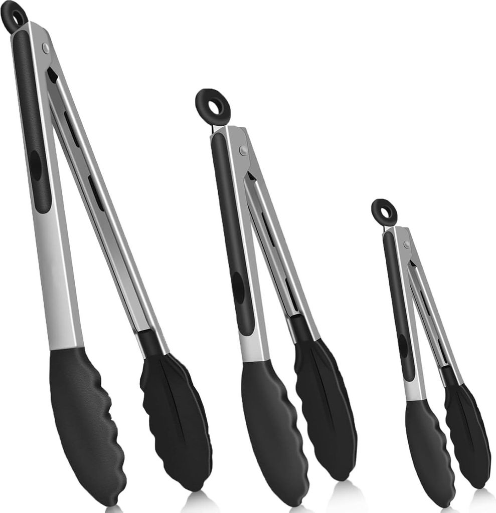 Küchentang Set - Hitzebeständig - 3 Stück - Schwarz - Edelstahl und Silikon