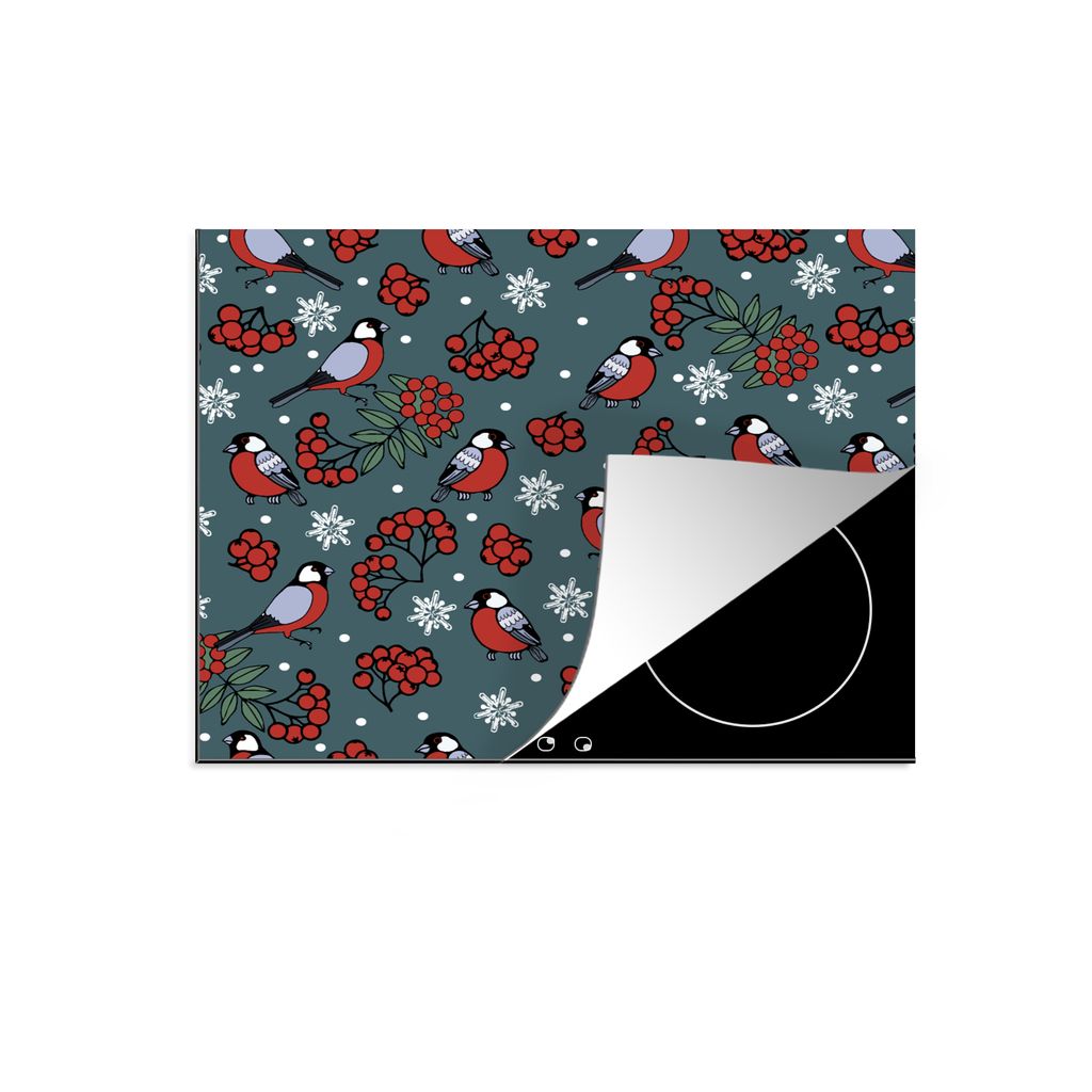 KitchenYeah Herdabdeckplatte Vogel - Weihnachten - Schnee - Beere - Muster , 65x52cm, Küche Deko, Glaskeramikkochfeld Herdabdeckung, Abdeckplatt...