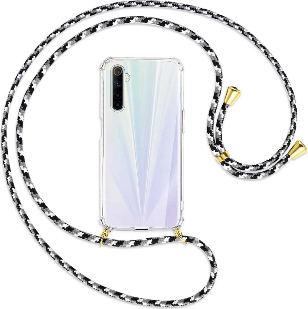 Handykette Backcover-Schutzhülle mit Band (Metall goldfarben) für Realme 6 / 6S - schwarz/grau/weiß