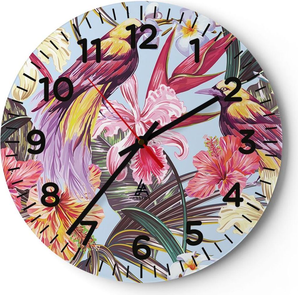 Wanduhr - Rund - Glasuhr - Blume Vogel Sommer - 30x30cm - Schleichendes Uhrwerk - Lautlos - zum Aufhängen bereit - Dekoration Modern - Wanddekorat...