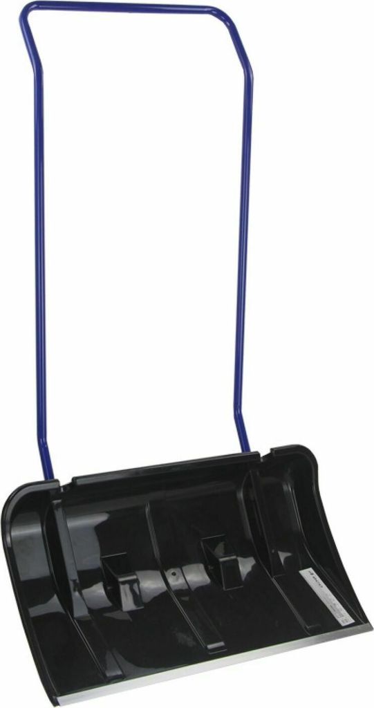 A black snow shovel with a blue handle is shown against a white background.