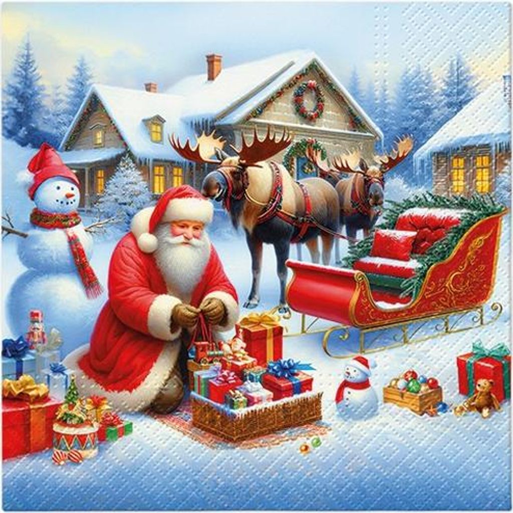 20 Servietten Holiday Sleigh Preparation - Santa bereitet Geschenke vor 33x33cm