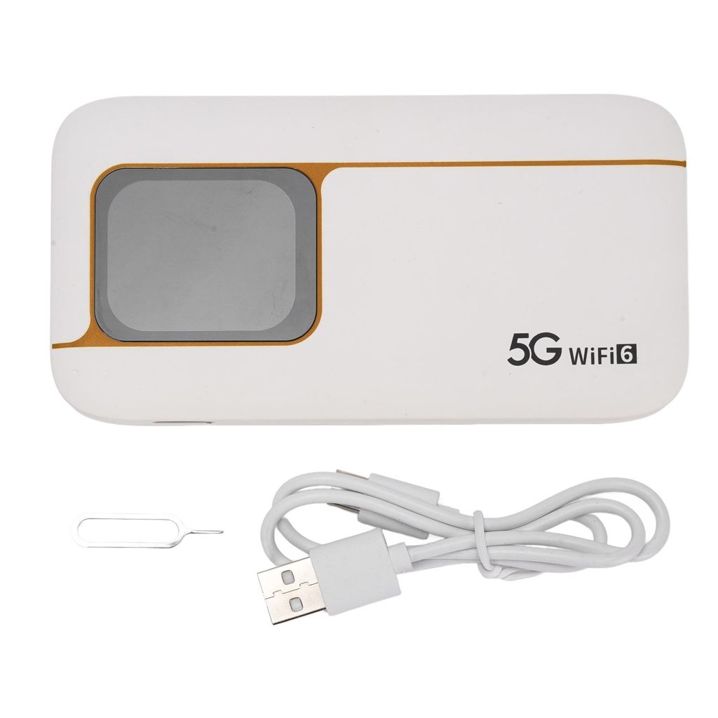 A white 5G mobile hotspot with a gray screen and gold accents, shown with a USB charging cable and a SIM card ejector tool.