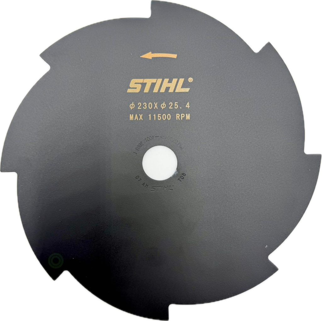 A black STIHL grass cutting blade with specifications printed on it, shown against a white background.