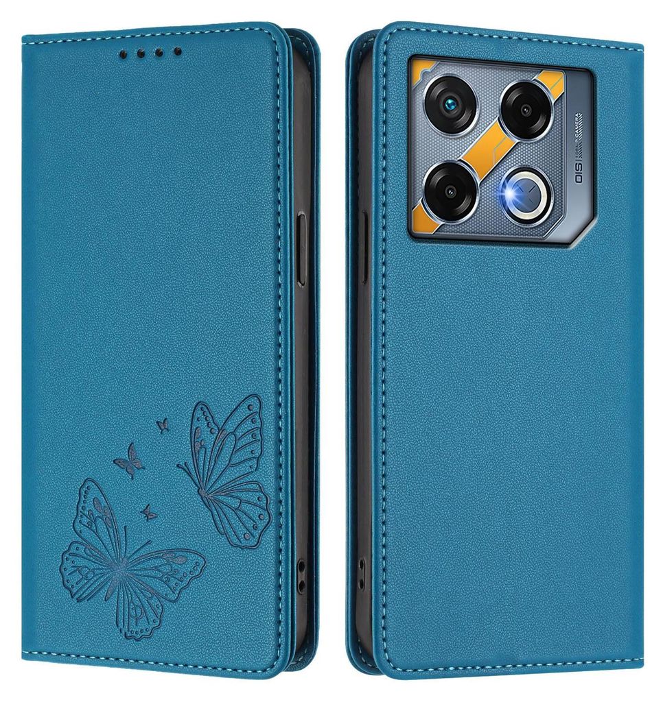 Lederhülle für Infinix GT 20 Pro 5G, Schmetterling Prägung Leder Brieftasche Schutzhülle mit Ständer Blau