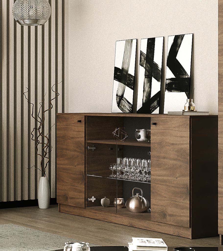 Sideboard Kommode Wilma V 160 cm ohne LED-Beleuchtung Glas Bar Schrank Schränke Regal Holz Möbel Wohnzimmer Wohnzimmerschrank Farbe: Brandy Castello